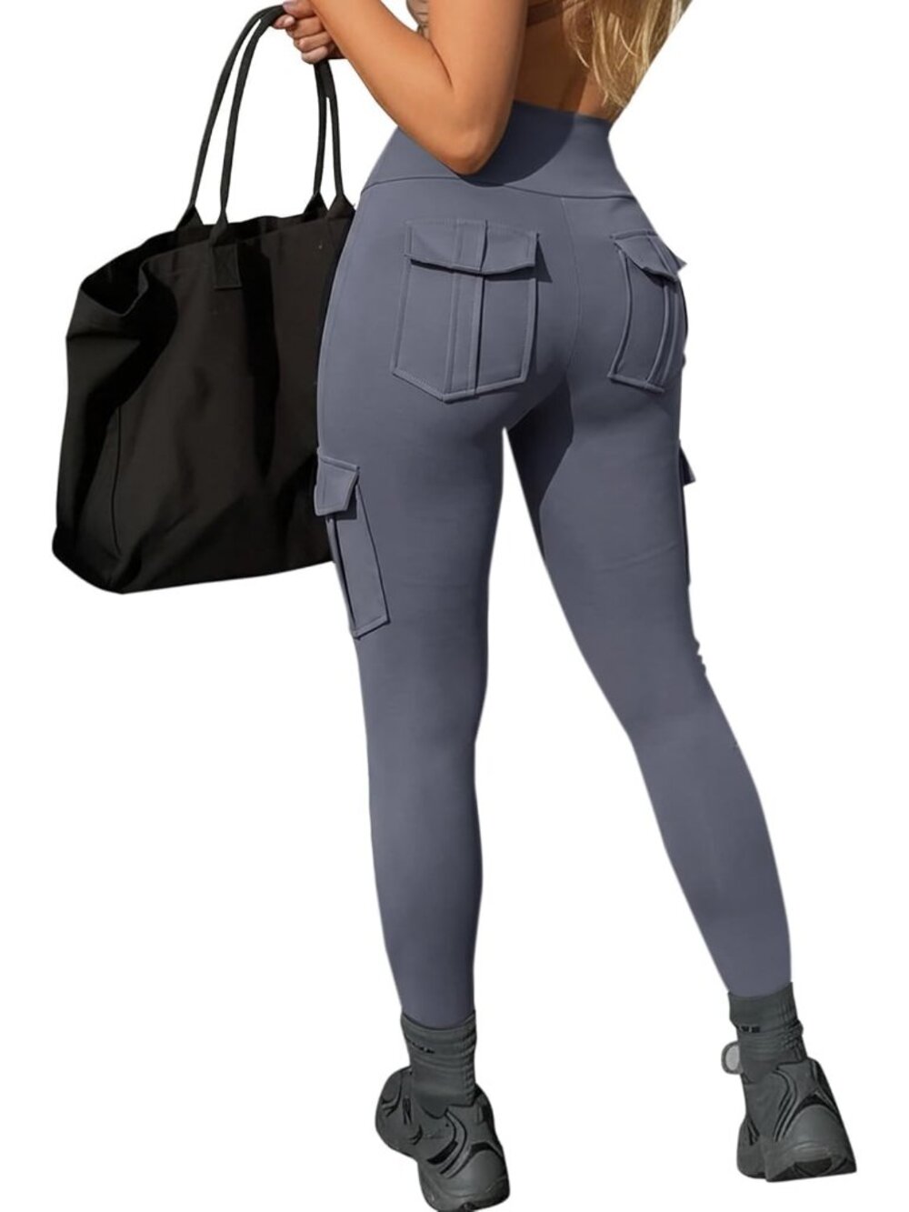 Women's Deep Grey High Waisted Tummy Control Running Workout Legging with Pocket